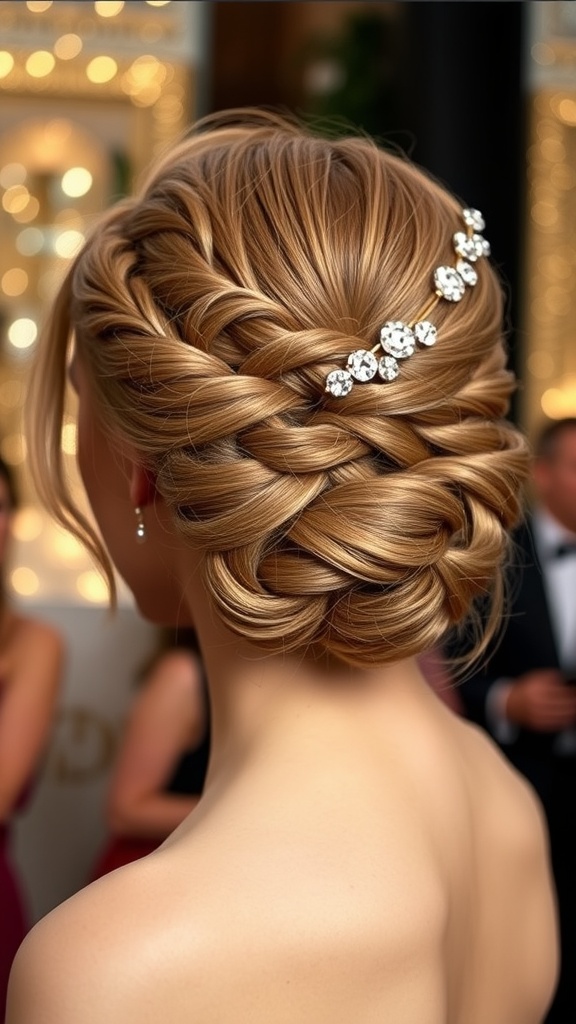 A chic and glamorous updo hairstyle with braids and hairpins, set against a blurred background of an elegant event.